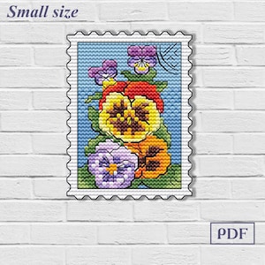 Small cross stitch pattern PDF Pansy flowers, Spring, Stamp,  Mini, Plastic canvas, Counted, Bookmark, Plant, Embroidery postal needlepoint