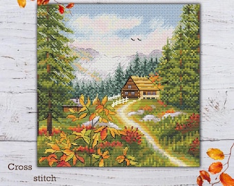 Herbst Berghütte Kreuzstichmuster: Naturstickerei (PDF-Muster)
