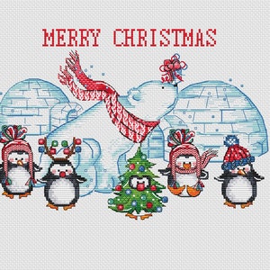 Christmas Penguins and Polar Bear Cross Stitch Pattern (PDF Pattern)