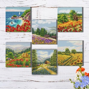 Natur Kreuzstichmuster Meer Feld Mohnblumen Sonnenblumen Berge Sommer Frühling Moderne Kreuzstichvorlage Digitaler download DIY Geschenke