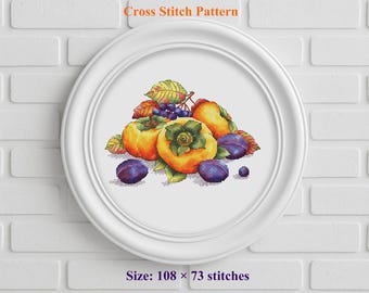 Autumn Fruit Cross Stitch Pattern, Kitchen Decor Embroidery Chart