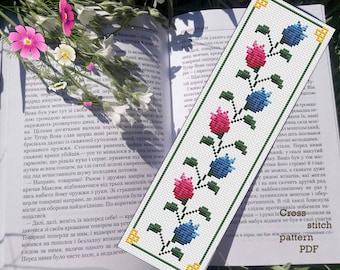 Marcapáginas de rosas, patrón de punto de cruz: bordado floral (descarga instantánea)
