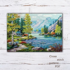 Mountain Lake Cross Stitch Pattern: Summer Landscape (PDF Pattern)