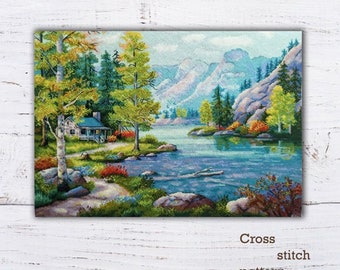Mountain Lake Cross Stitch Pattern: Summer Landscape (PDF Pattern)