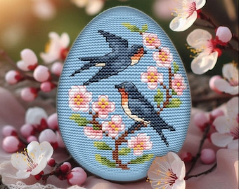 Easter Egg Mini Cross Stitch Pattern: Swallow Birds, Spring Branch (Digital File)
