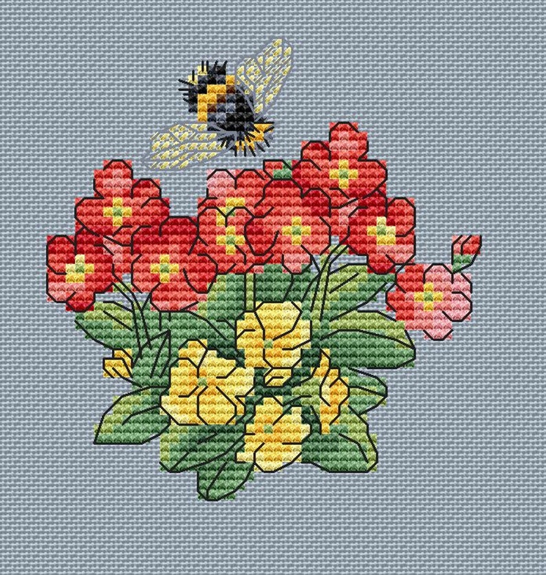 Beautiful Flowers cross stitch pattern pdf embroidery design modern cross stitch chart Bumblebee Bee cross stitch