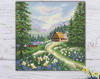 Cross stitch pattern of a house among the mountains. Mountain Spring landscape. Beautiful nature, spruce trees and flowers.square embroidery