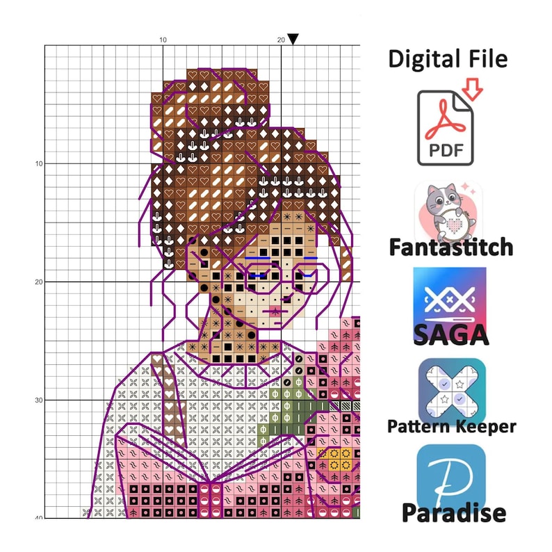 Op de afbeelding: Kruissteekpatroon van een vrouw met een bril, een knot en een roze top, die een boek vasthoudt. De afbeelding is een digitaal bestand, met PDF-download. Inclusief logo's voor Fantastitch, SAGA, Pattern Keeper en Paradise.