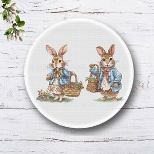Rabbit Couple Cross Stitch Pattern: Spring Flower Basket (PDF Digital File)