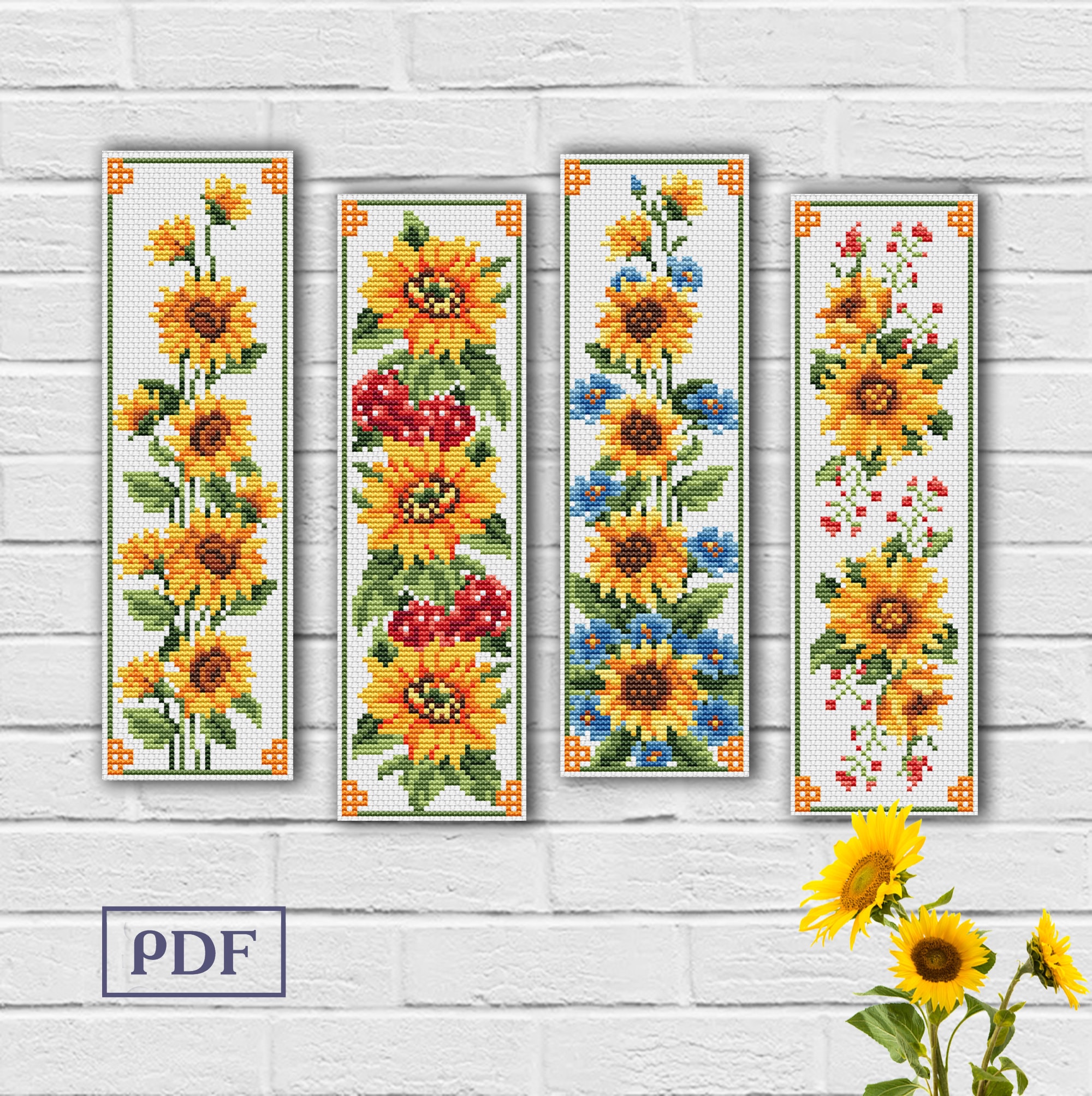 4 Sunflower Bookmark Cross Stitch Patterns: Wildflower Embroidery (Digital Download)