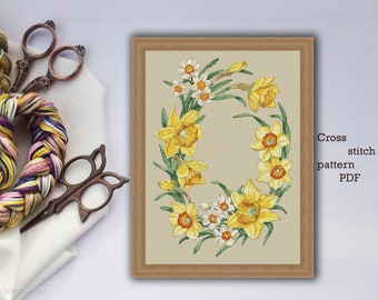 Daffodil Wreath Cross Stitch Pattern: Floral Embroidery (PDF Pattern)