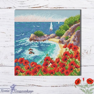 Seaside Poppies Cross Stitch Pattern: Summer Beach Sailboat (Digital Download)