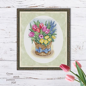 Patrón de punto de cruz "Flores en la cesta" en PDF - Gráfico de bordado floral vintage - Diseño de bordado de descarga instantánea