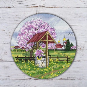 Patrón de punto de cruz de jardín de primavera: Escena de pozo de pueblo (PDF)