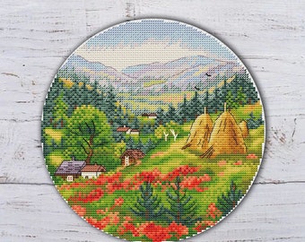 Mountains Cross Stitch Pattern: Forest Village Landscape (PDF Pattern)