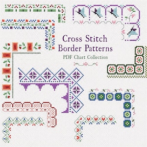May include: A collection of cross stitch border patterns displayed on a grid. The designs feature various geometric and floral motifs in colors including red, green, blue, and purple. The text reads Cross Stitch Border Patterns PDF Chart Collection.