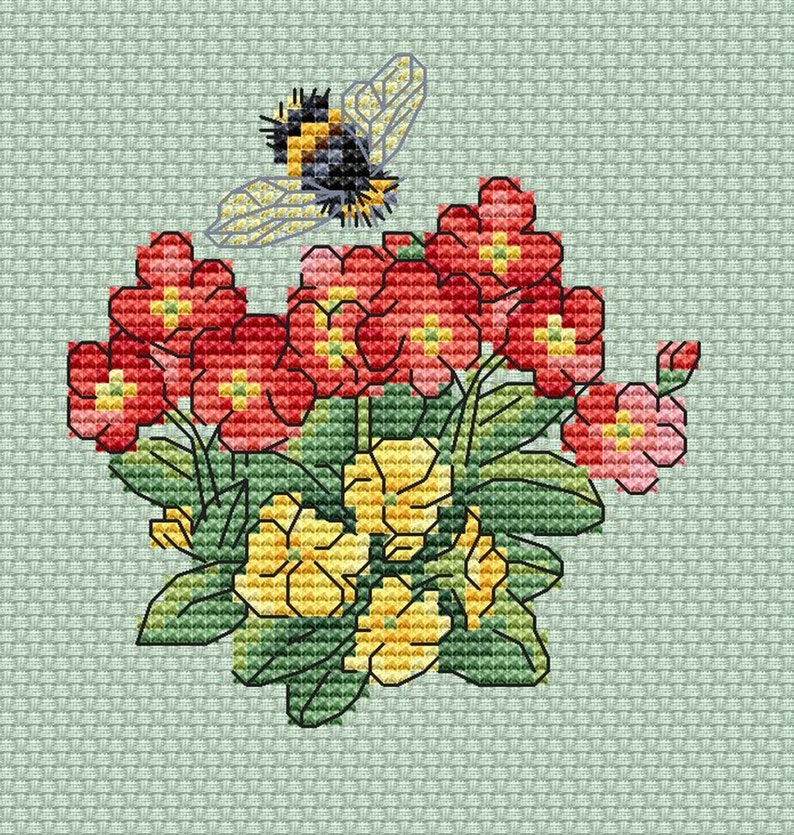 Beautiful Flowers cross stitch pattern pdf embroidery design modern cross stitch chart Bumblebee Bee cross stitch