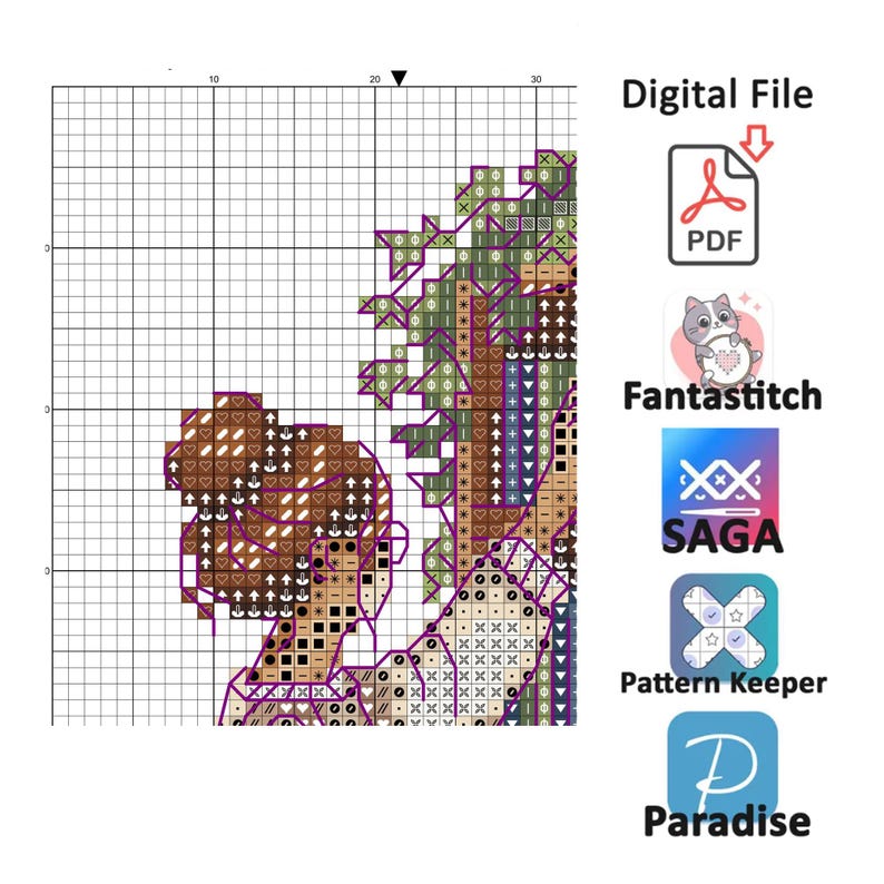 Op de afbeelding: Een kruissteekpatroon met een raster, met een ontwerp in bruin-, groen- en paarstinten. De afbeelding bevat de tekst "Digital File" en logo's voor PDF, Fantastitch, SAGA, Pattern Keeper en Paradise.