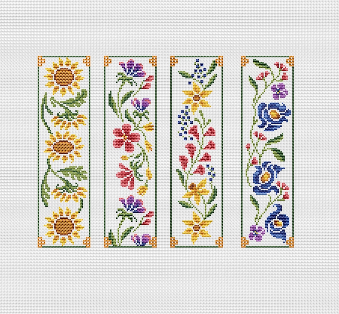 4 Bookmarks Cross Stitch Pattern Flowers Instant Download Book Etsy UK