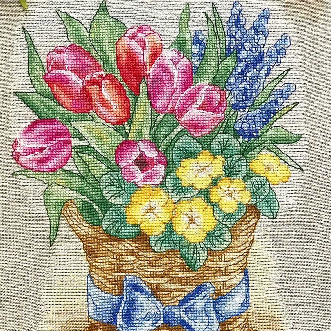 Spring flowers cross stitch Basket of spring flowers cross Etsy
