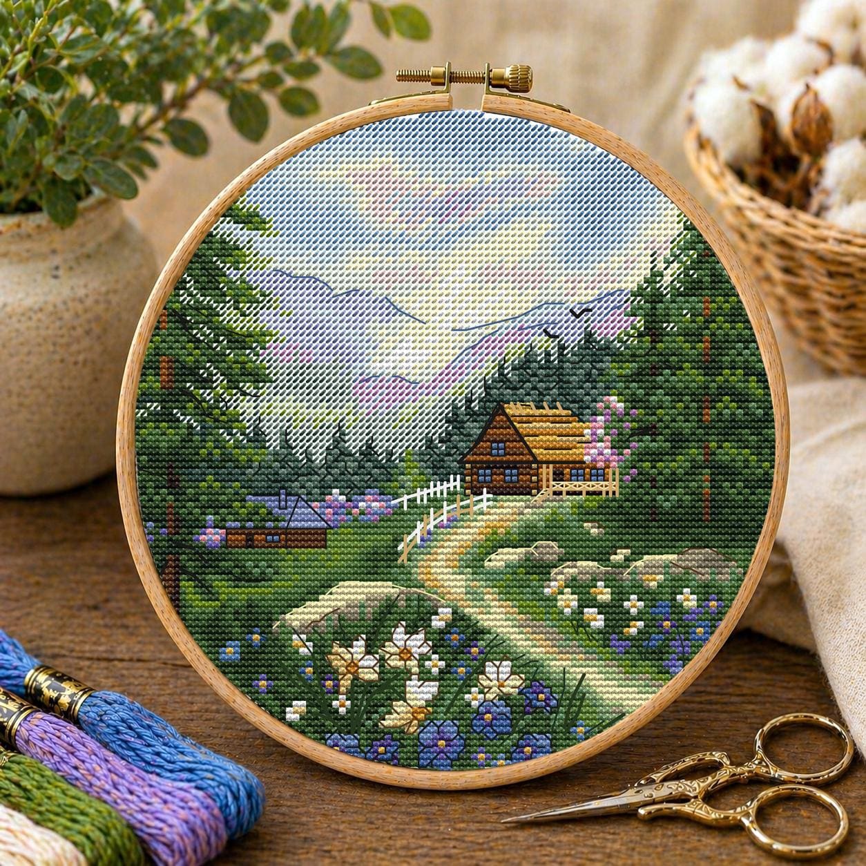 Cabin Cross Stitch Pattern PDF, Mountain Forest Landscape, Nature