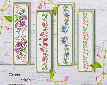 Patrón de punto de cruz para marcapáginas floral: Bordado fácil (descarga digital)