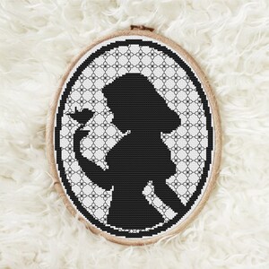 Blackwork Silhouette Cross Stitch Pattern: Girl with Bird (Digital Download)