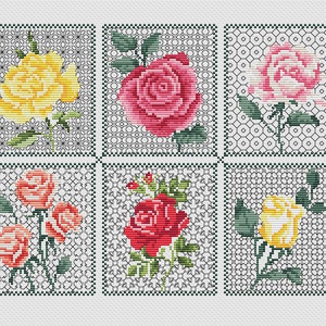 Könnte beinhalten: Sechs verschiedene Kreuzstichmuster mit Rosen in verschiedenen Farben, darunter Gelb, Rosa und Rot. Jedes Muster ist mit einem schwarzen und grünen Rahmen versehen.