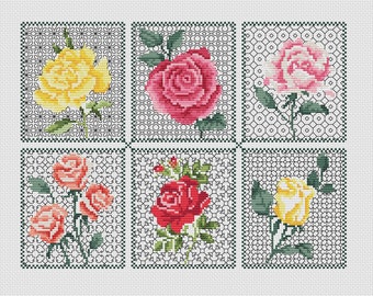 Rose Blackwork Cross Stitch Pattern: Floral Sampler (Digital Download)