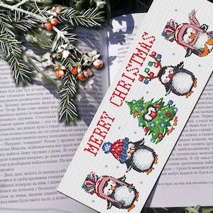 Bladwijzer kruissteekpatroon pdf kerstpinguïns, klein tapijt, schattige kruissteek, cadeau-idee voor boekenliefhebbers, doe het zelf