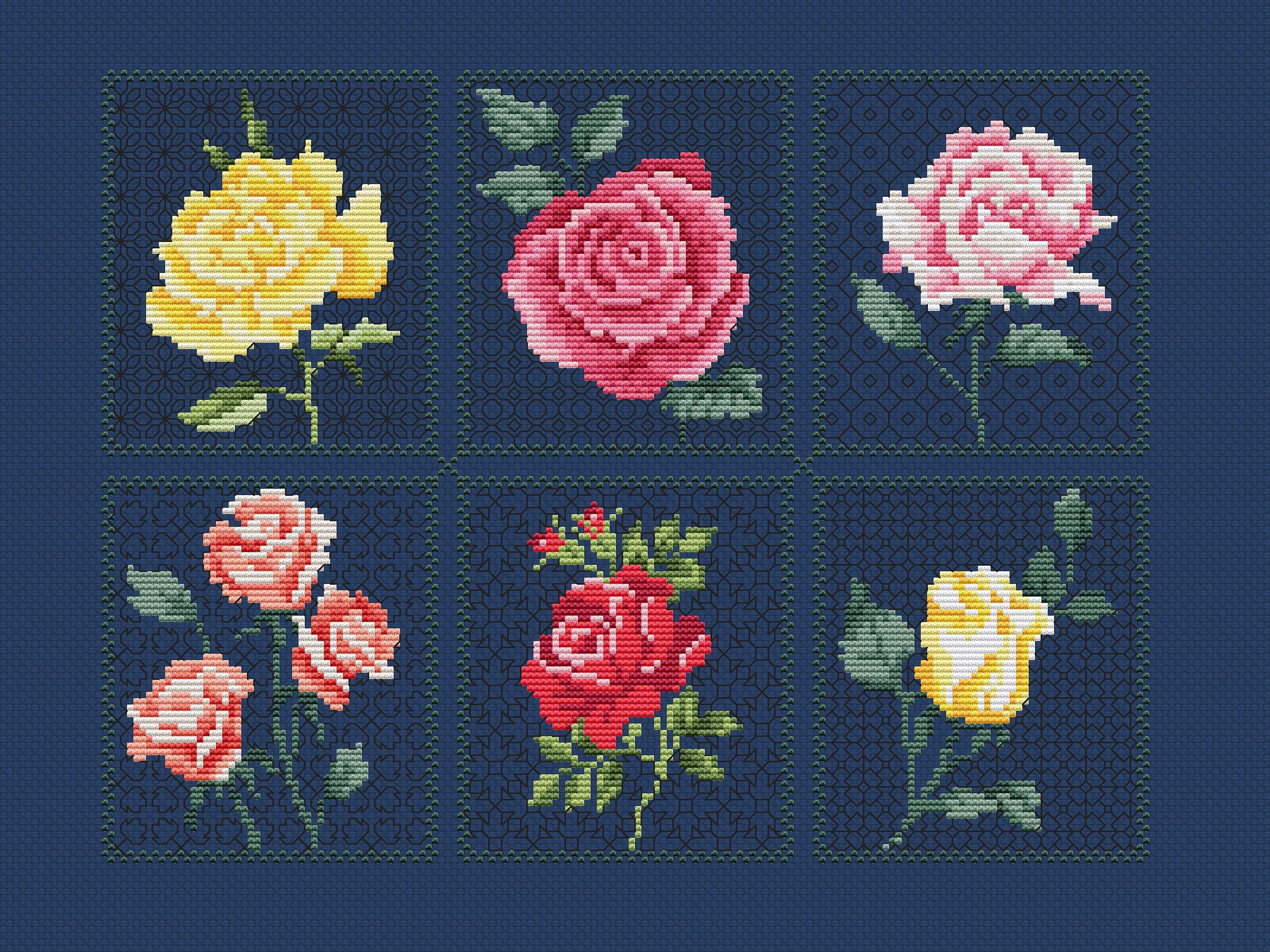 沸騰ブラドン and Rose Blackwork ,small Mini Flower Pattern, Stitch Cross 茶