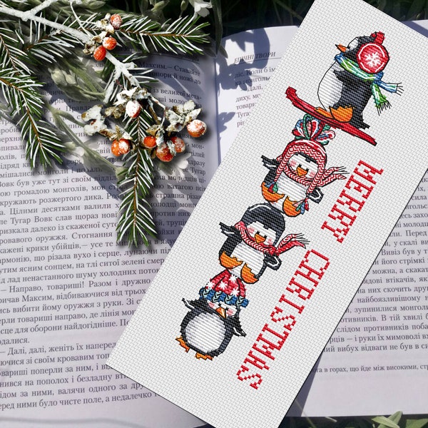 Bookmark cross stitch pattern PDF Christmas Penguins ,Small tapestry,funny cross stitch ,book lovers gift idea, do it yourself