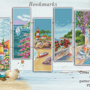 Set di segnalibri con motivo a punto croce natura, paesaggio marino, ricamo estivo per principianti Segnalibro fatto a mano Download immediato Regalo per amanti dei libri