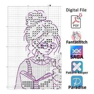 Op de afbeelding: Een digitaal kruissteekpatroon met een lezende vrouw, omlijnd in paars op een raster. De afbeelding bevat de tekst "Digital File" en logo's voor PDF, Fantastitch, SAGA, Pattern Keeper en Paradise.