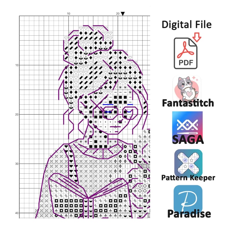 Op de afbeelding: Een digitaal kruissteekpatroon met een lezende vrouw, omlijnd in paars op een raster. De afbeelding bevat de tekst "Digital File" en logo's voor PDF, Fantastitch, SAGA, Pattern Keeper en Paradise.