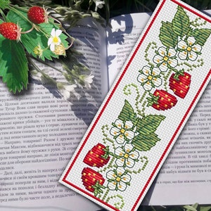 Strawberry Flower Bookmark Cross Stitch Pattern (Digital Download)