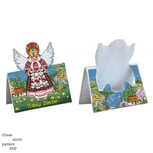 Cartes de Joyeuses Pâques, modèle PDF au point de croix, décoration de Pâques, Ukraine Ange fille, oeuf de Pâques, point de croix de Pâques, point de croix de printemps, cadeaux de Pâques