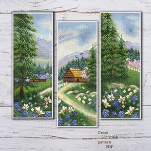 Set segnalibri Montagna Natura schema punto croce Primavera ricamo paesaggio Segnalibro fatto a mano Download immediato Fai da te Regalo per amanti dei libri