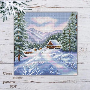 Punto de cruz de invierno, patrón de punto de cruz de Navidad, punto de cruz de montañas, punto de cruz, point de croix, patrón de punto de cruz