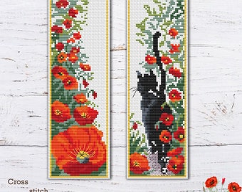 Bookmarks Cross Stitch Pattern Cat, poppies cross stitch Flowers Instant Download Book Cross Stitch Nursery Cross Stitch Cute Cross Stitch