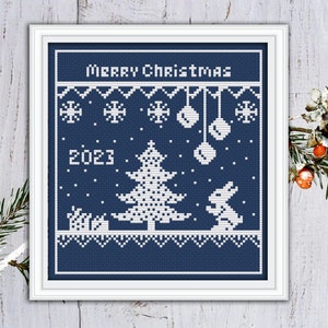 Patrón de punto de cruz Tarjeta navideña 2023, adorno, luz, conejito, decoración navideña, Feliz Navidad bordado cuadrado de punto de cruz popular