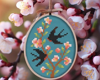 Easter Egg Cross Stitch Pattern: Swallow Birds Spring Branch (Digital File)
