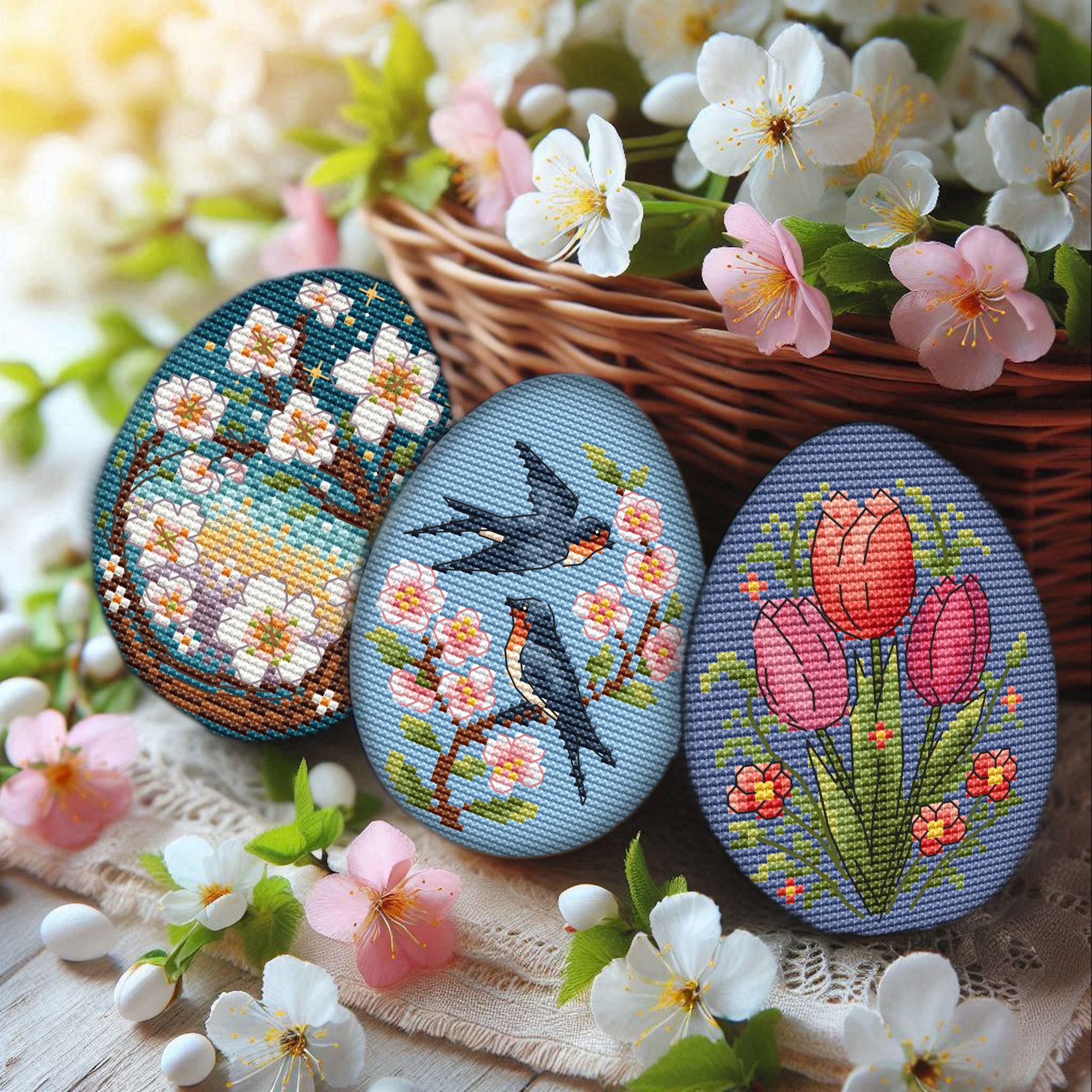 Mini Easter Cross Stitch Pattern Set: Spring Birds, Tulips (digital ...