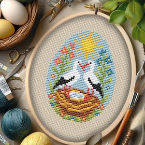 Easter Egg Storks Cross Stitch Pattern: Beginner Spring Design (Digital File)