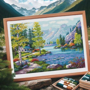 Kreuzstichmuster Berghütte am Fluss – Waldlandschaft Stickerei – Rustikales Naturmotiv – Sofortiger Download