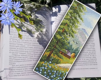 Bookmark Mountain Nature cross stitch pattern, house in the forest, summer embroidery landscape  Instant download Gift for book lover