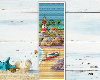 Lighthouse Bookmark Cross Stitch Pattern: Summer Nature Embroidery (PDF Pattern)