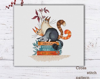 Cats and Books Cross Stitch Pattern: Whimsical Cat Lover Gift (PDF Pattern)