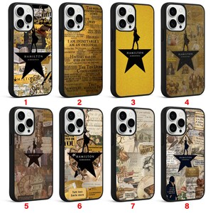 May include: Eight smartphone cases featuring the Hamilton musical logo, a black star with a silhouette figure. Designs include collage patterns with historical text, parchment textures, gold tones, and various illustrations related to the production.