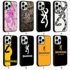 May include: Eight smartphone cases featuring various designs: a pink camouflage pattern with a pink deer logo, a Realtree camouflage print, a black case with a white deer logo, a white case with a black deer logo, and four black or yellow cases with Browning branding.
